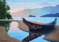 A watercolor painting of a painted dugout canoe on a beach.