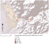 Map showing counted pottery density by tract, with most tracts falling within 0-20 range, and 5 tracks falling in 635-4253 range.