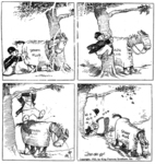 Comic strip showing small man using a tree to tray and mount a horse named “Spark Plug.”