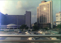 Film still frame of tall buildings