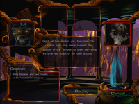 In-game screens feature two Protoss characters talking to each other, while text captions in the middle shows their dialog and game objectives are indicated in a bottom-left screen.