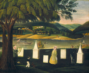 Oil on canvas color painting of a small family burying ground showing five marble monuments of different shapes and sizes with visitors decorating the monuments with flowers. There is a large tree on the left in the foreground, with a river and boats in the center and then hills with residences in the background.