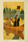 A color illustration depicting two men in a birchbark canoe. One man sits in the front with his head turned down from the viewer. The other man stands in the back of the canoe, starting out of frame, with a cylindrical moose horn in his right hand, and an oar suberged in water in the right.