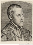 Engraving of King Philip II of Spain, bust-length, turned to the right, with a faint beard and moustache, wearing a fur-lined doublet and a collar of the Order of the Golden Fleece.
