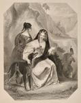 A young woman dressed in pale courtly clothes pats a dog while in the background two figures in tartan hunt deer in a mountainous locale. A woman in a tartan dress stands behind her, watching the hunters.