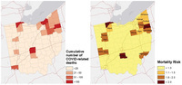 Two maps of Ohio showing the spatial distribution of the cumulative number of COVID-19-related deaths and COVID-19-related mortality risk from March 1 to May 5, 2020.