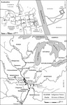 Figure 3. Map of Upper Louisiana with Indigenous nations identified and insert of a map of the village of Kaskaskia that was just south of St. Louis, Missiouri.