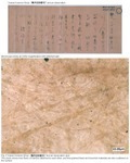 The upper photo shows an original material, and the lower photo shows liner fibers of bamboo, fine-grained black and brownish materials.