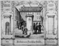 An illustration of several men in formal clothing observing a pillar covered in advertisements in the center of a courtyard.