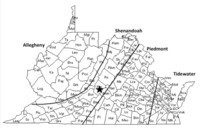 Black-and-white map showing, from east to west, the Tidewater, Piedmont, Shenandoah, and Allegheny constitutional divisions of Virginia, with Rockbridge County in the Shenandoah division.
