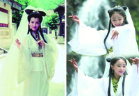 Left: A color photo showing a female figure posing and wearing a white robe with long sleeves and a matching headpiece. Her long black hair is worn in two buns and leaving two strands of long hair on both sides. She is making a gesture with both her hands as if she is about to sing in a Chinese opera. Right: A vertical collage of two images of the same little girl dressed in a white robe with long sleeves and a matching hairpiece. She is smiling and is making a gesture with both of her hands as if she is about to sing in a Chinese opera.