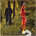 The hand-tinted black and white photograph from The Games of the Doll series (1938-1949) by Hans Bellmer is shot in the woods. The four-legged doll, wearing only white socks and black Mary Janes, is leaned against a tree in the woods, with a garment lying at its feet, while a man hiding behind a tree appears to spy on it. The man is dressed in a black coat and hiding from the viewer’s gaze, while the reddish doll has turned its bare body toward the viewer.