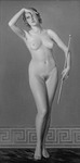 Black-and-white photograph of a mounted painting, Terpsichore, capturing how Nazi officialdom envisioned classicism. A nude woman stands in contrapposto; there is a classical meander pattern on the wall behind her lower legs; her fair skin fits the Aryan type. She holds a baton in one hand and places her other hand daintily over her eye. Even though she is a dancer, she looks like she is standing very still.