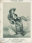 A young man with long hair and large straw hat lounges in a chair, whittling. He wears a coat stylishly covered in patches, along with rolled up pants.