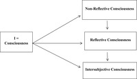 Diagram containing several boxes and arrows showing the modalities of consciousness. The “I-­consciousness” is further divided into non-­reflective, reflective, and intersubjective consciousnesses.