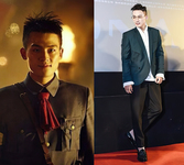 Two pictures of the actor Oho Ou. On the left, he appears as Ye Ting in The Founding of an Army (2017), and on right the actor stands on stage in a feminine pose. In the first picture, Ye wears a revolutionary uniform with a red scarf tied at his neck and boasts an anachronistically stylish haircut. In the second, Ou poses for the cameras leaning against a projector screen with one leg jauntily bent backward.}