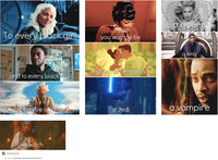 Media stills from ten different films, television shows, and music videos arranged vertically, each with a caption at the bottom of the image.