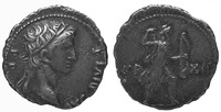 A silver coin of the rebels from 68 that depicts a portrait head of the Deified Augustus on the obverse and Diana readying her bow and followed by a hunting dog on the reverse.