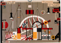 Eccentric Heartbreak House scene design in red, black, yellow, and white, created from string and cutout paper. The center of the design is dominated by a large arched structure with an actor walking along its crossbeam.