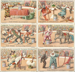 Six panels of clowns performing various tricks such as playing instruments and interacting with elephants. The third panel features a troop of Black clowns with exaggerated racialized features.