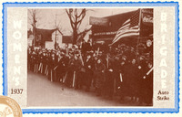 Chilling photo of a long line of women, two to three deep, holding clubs on a busy street. All wear heavy coats and hats. One holds an American flag. Stores in the background.