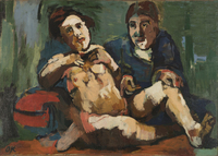 The oil painting Painter with Doll (1922) by Oskar Kokoschka depicts the artist himself positioned behind his doll, both of them seated on a red bed in an interior setting. The naked doll is covering her breasts, while the painter is fully dressed, resting one hand on its knee while pointing to its crotch with the other. The doll’s body occupies the center of the picture, and Kokoschka renders the skin with large, blockish patches of warm flesh tones – ocher, red, and white. While the doll fixes its gaze on the viewer, the painter stares outside of the frame.
