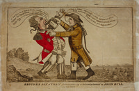 In this political cartoon, American national personification Brother Jonathan, dressed in homespun, forces a cordial down the throat of English personification John Bull, dressed in a red coat.