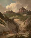 A painting of a canoe being portaged up a rocky hill.