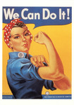 Full-color illustration. Rosie wears a red-and-white polka-dot scarf and a blue work shirt, her arm flexed up in a fist. The words “We Can Do It” across the top.