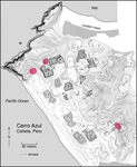 A topographic map of Cerro Azul, showing Quebradas 1–8a. Highlighted in red circles across the map marked with “Q.1”, “Q.2”, “Q.8”, and “Q.8a” are the quebradas where Kroeber excavated.