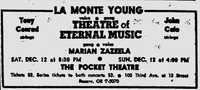 Newspaper clipping, in black and white, announcing a series of performances by the Theatre of Eternal Music at the Pocket Theatre, 100 Third Avenue, 12–­13 December 1964.