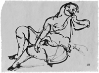 The pen-and-ink drawing Study for Woman in Blue, 1919 depicts the doll reclining with thick and large strokes.