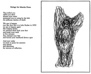 Figure 7. Sandra María Esteves’s poem “Eulogy for Martín Pérez” and her angel line drawing, Yerba Buena (1980). The angelic figure wears a Puerto Rican bandana on its head