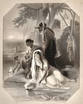 A young woman dressed in white sari and veil kneels next to a river and sets afloat a little boat with a candle in it. Behind her, leaning on the trees are darker, shadowy figures, women in the traditional dress of India who have come to the river at dusk.