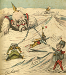 Cartoon of five men representing various countries stretched across the Alps, posed to show alliances and political tension.