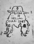 Photograph of a city sidewalk outline-drawing of a pirate-like figure in hat and long hair with the warning words “social media is selling your shit”