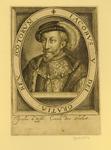 Engraving of James V, King of Scotland, bust-length, turned slightly to the left, wearing a doublet with a fur-lined mantle, a soft hat, and the collar of St. Andrew; in an oval border indicating his name and title in Latin.