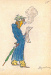 Costume sketch in profile for a grumpy, red-nosed Harlequin in a blue trenchcoat, yellow flowered trousers, striped green cap, and red plaid gloves. In one hand he clutches a newspaper, while in the other he drags a parrot-headed umbrella. The pipe he clenches between his teeth emits a huge cloud of smoke.