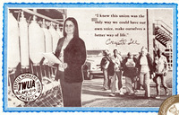 Composite image. Lee holding a paper, giving a speech with a textile factory in the background. Group of Black and white women walking into work. TWUA, AFL-CIO logo in corner.