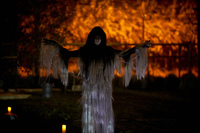 Color photo of a figure with long black hair and covered in white fur. She faces the viewer and behind her, the dark sky is lit as though it is on fire.