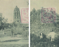 Left: A black-and-white photo featuring a pagoda in the background, surrounded by trees and grass, with a small group of people gathered in front. Right: A black-and-white photo of a huge brick mound taking up most of the frame, with more than a dozen people standing on top of the mound, and two figures standing in front of it, one facing the camera, the other facing the mound.