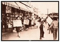 Women and children picket outside the store, carrying signs such as “TURN CIVIL WRONG INTO CIVIL RIGHTS” and “Apartheid exists in America.”