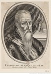 Engraving of Fernand Alvare de Tolède, the duc d’Albe, bust-length, with a long light-colored beard, wearing armor and a sash, in front of a dark curtain; surrounded by an oval border; below indicates his name and titles.