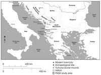 Balkans map with location of major modern cities, archaeological sites, tumulus fields, and hill forts. Archaeological sites are noted in Greece, Albania, North Macedonia, and Bosnia and Herzegovina. Burial sites in Albania, Kosovo, Montenegro, and Croatia.