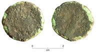 Two photographs showing back and front of eroded bronze coin.