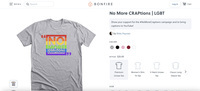 One example of Rikki Poynter’s merch: a gray, short sleeved graphic t-­shirt with “No More Craptions” written in rainbow colors.