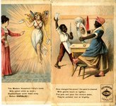 Page two shows the "Modern Household Fairy" arriving with a bar of Sapolio Soap for the white woman of the house. Page three shows the two black servants joyously and now successfully cleaning the pots and pans. The black maid can now see herself in the clean mirror as she gazes into it.
