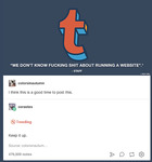 A Tumblr “trending” staff post with the Tumblr logo, reblogged withcomments underneath in two horizontal panels of written text by two different users