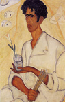 Self-­portrait of Reuven Rubin with exaggerated dark skin holding a flower in a glass and paintbrushes in front of a Middle-­East background.