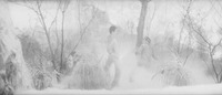 Violence and Sexual Fantasy, Shot (1): An image almost entirely obscured by a white filter resembling a pure-­white fog, behind which we can glimpse, in long shot, Kiroku punching at one student directly in front of him after having knocked down another student behind him. The scene of the fight is a yard speckled with dark, small trees.